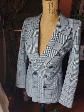 Express Black & White Glen Plaid Double-Breasted Blazer